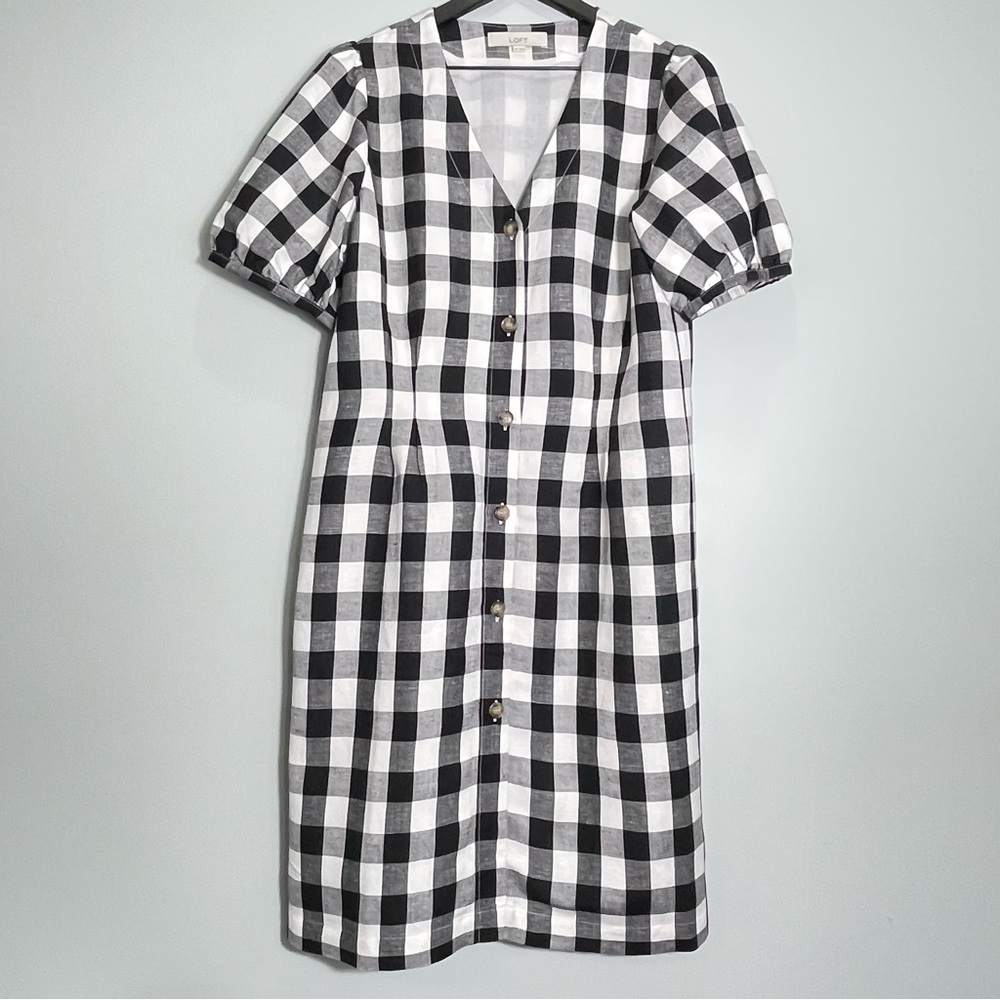 NWOT LOFT Linen Blend Black White Checked Plaid Dress V-Neck Lined Size 10 Tall